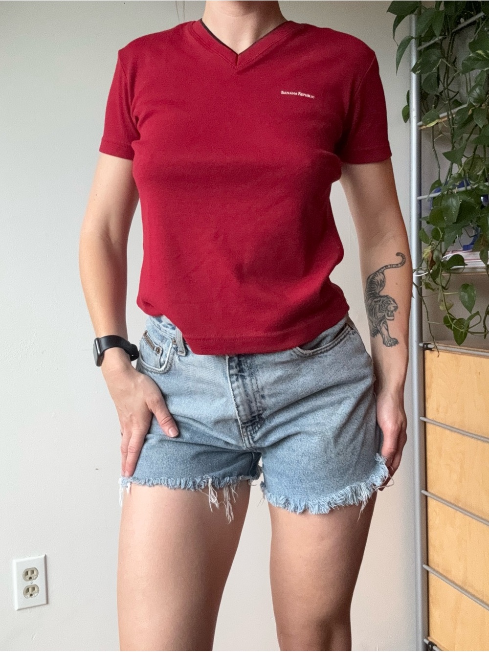 Banana Republic Red Cotton V-Neck Tee